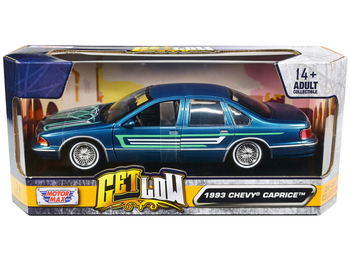 1993 Chevrolet Caprice Lowrider Blue Metallic with Graphics "Get Low" Series 1/24 Diecast Model Car by Motormax  free shipping USA