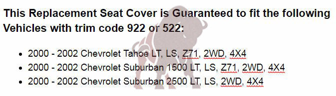 2000-2002 Chevy Tahoe/Suburban Seat Cover in Light Shale Tan: Choose From Variations