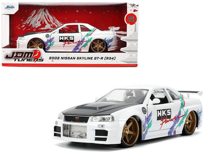 2002 Nissan Skyline GT-R (R34) RHD (Right Hand Drive) "HKS Power" White with Carbon Hood and Graphics "JDM Tuners" Series 1/24 Diecast Model Car by Jada  free shipping USA