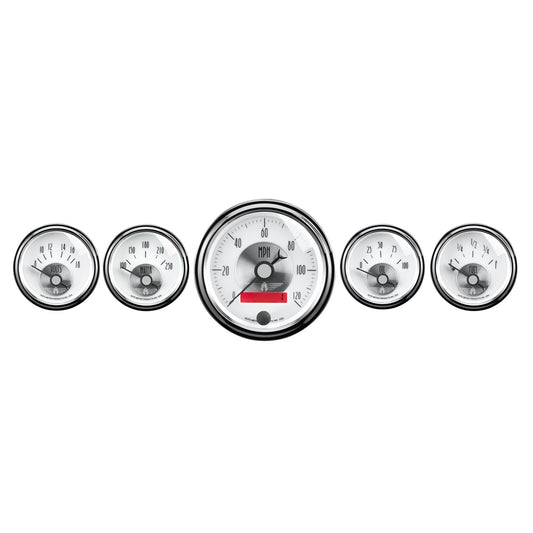 5 PC. GAUGE KIT 3-3/8 In. & 2-1/16 In.  ELEC. SPEEDO W/ LCD ODO PRESTIGE PEARL