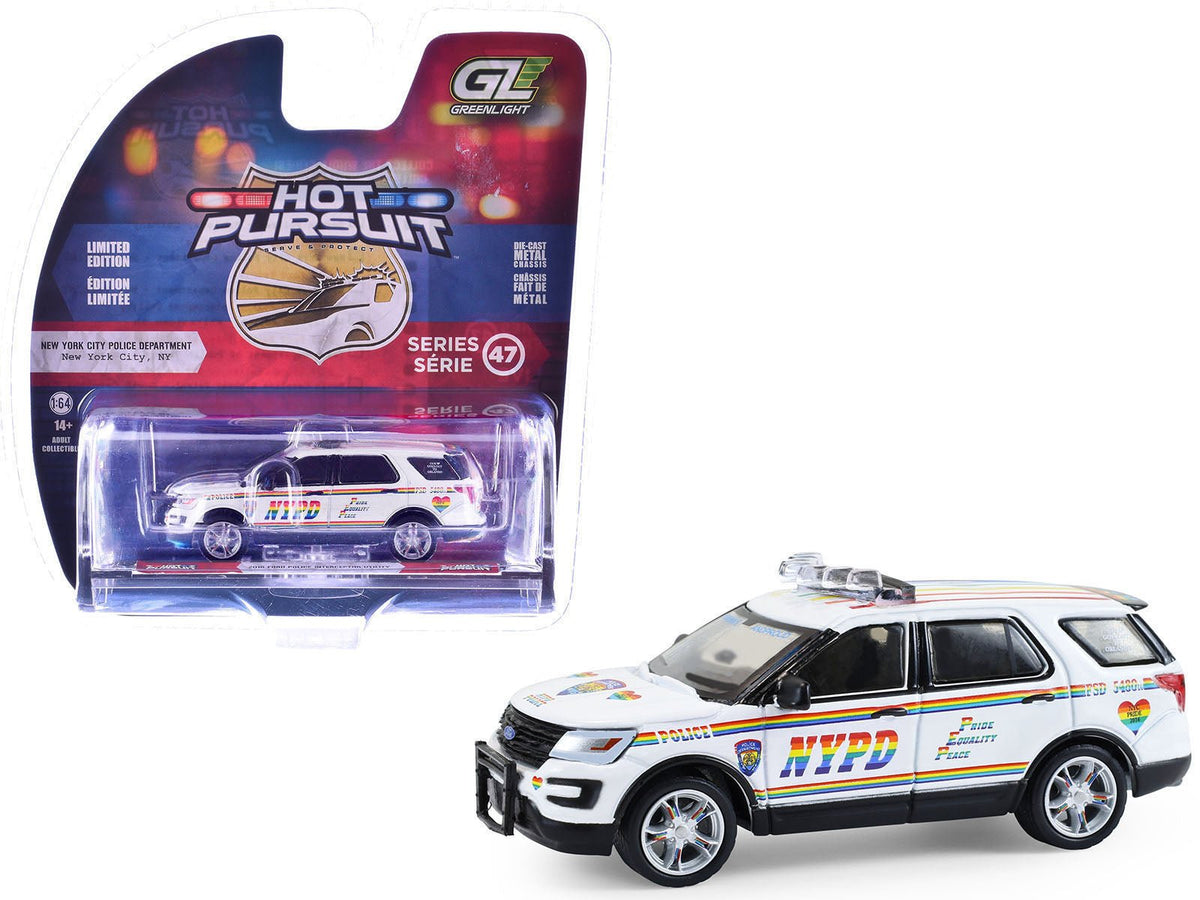 2016 Ford Police Interceptor Utility "New York Police Department (NYPD) Pride Livery" White with Rainbow Stripes "Hot Pursuit" Series 47 1/64 Diecast Model Car by Greenlight  free shipping USA