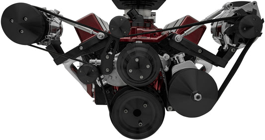 Small Block Chevy Serpentine System; SWP; Reverse; Outward; Saginaw-Press; Black