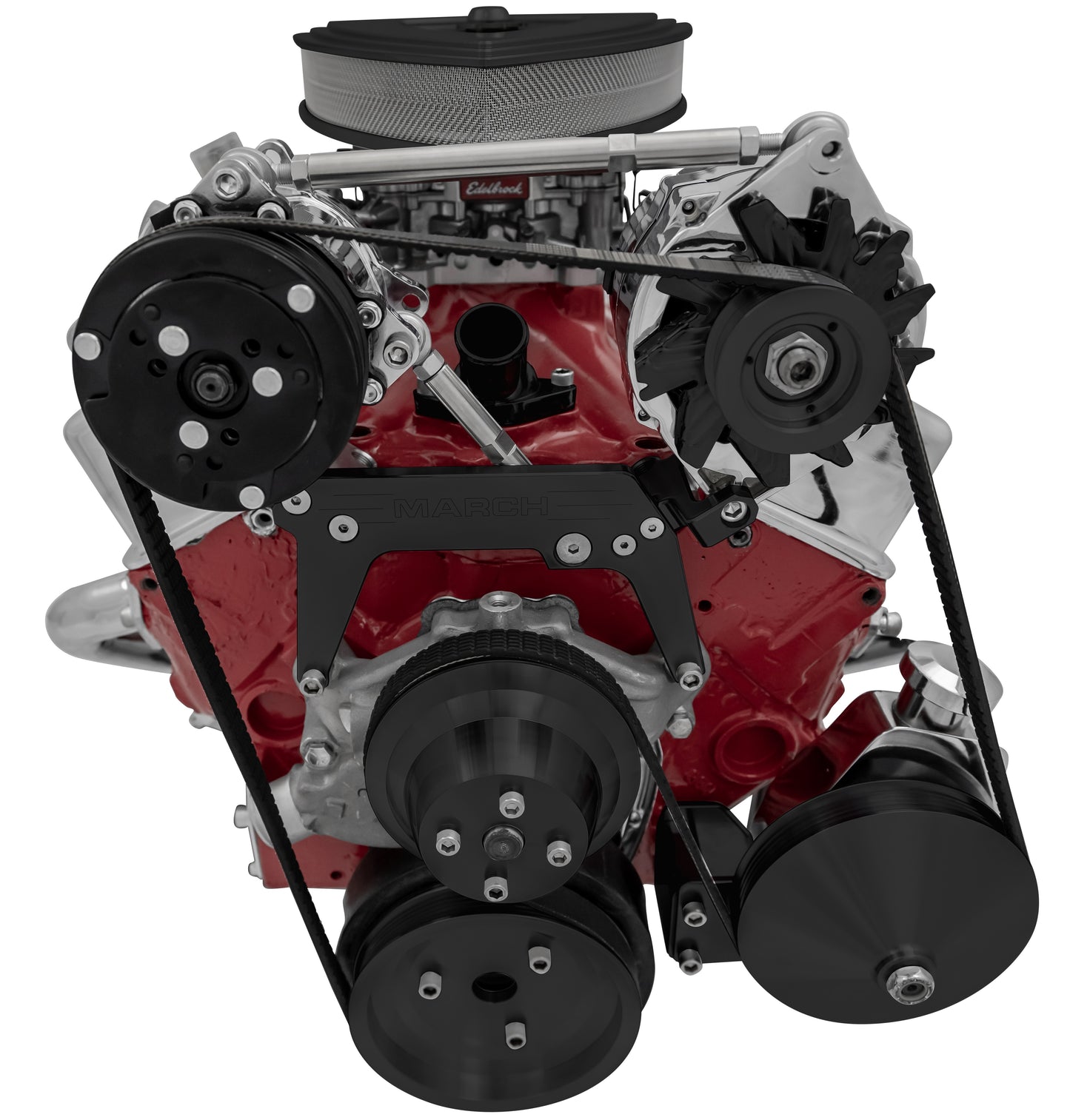 Small Block Chevy High Mount Serpentine Conversion; AC & PS; Saginaw-Key; Black