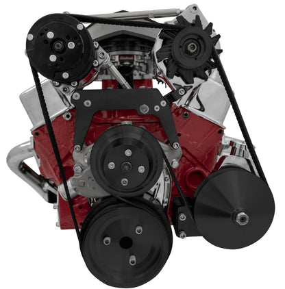 Small Block Chevy High Mount Serpentine Conversion; AC & PS; Saginaw-Key; Black
