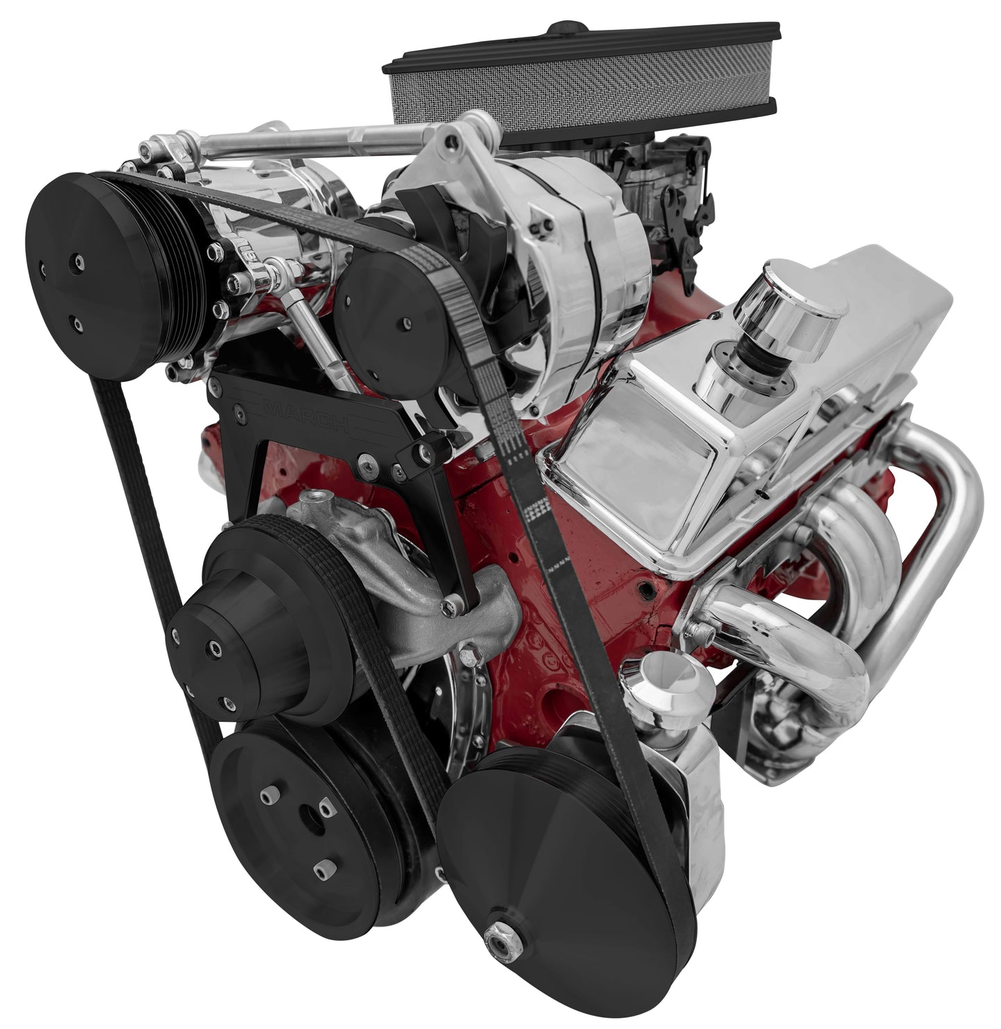 Small Block Chevy High Mount Serpentine Conversion; AC PS; Saginaw-Press; Black