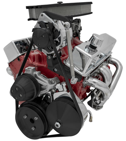 Small Block Chevy High Flow Serpentine System; Driver; SWP; Saginaw-Key; Black