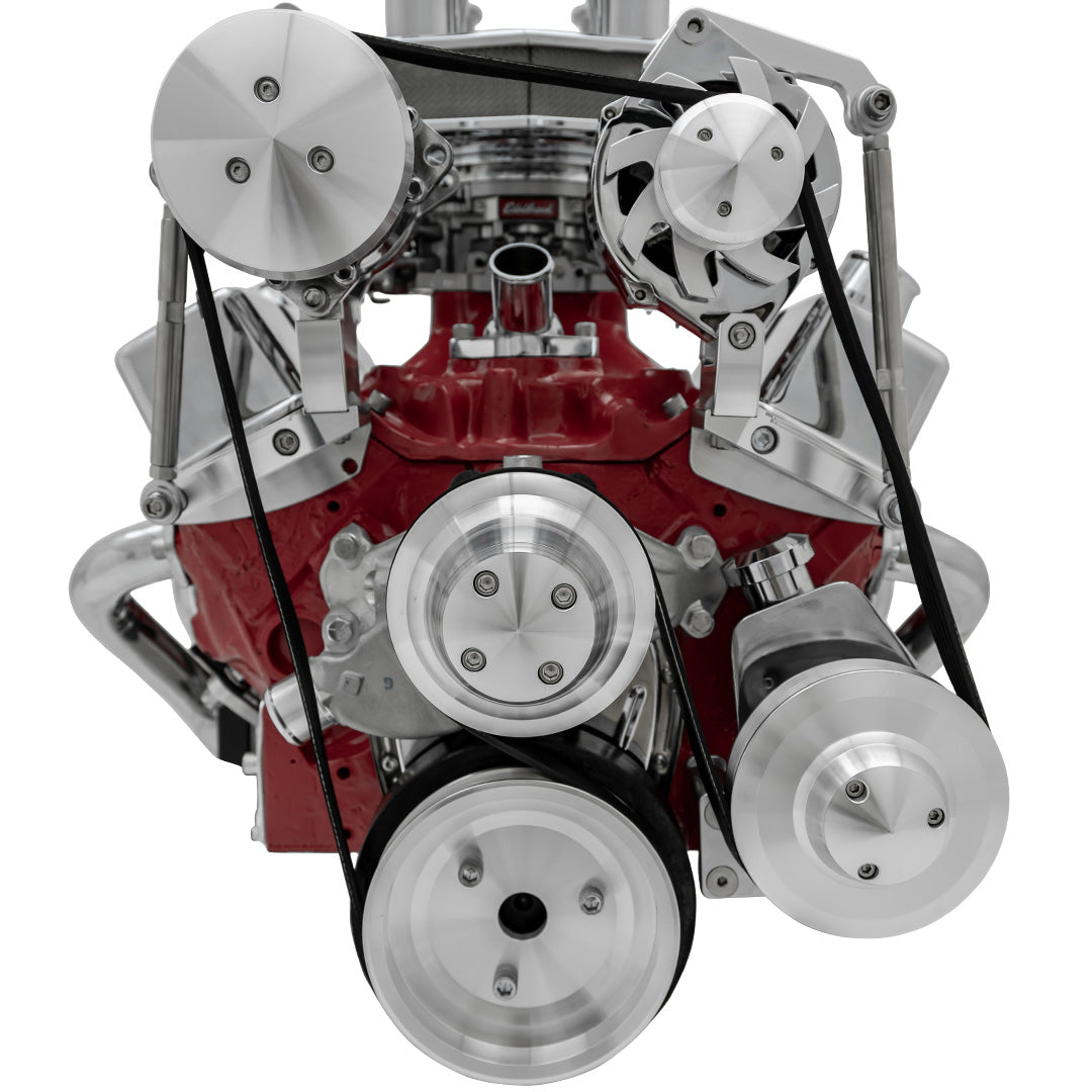 Small Block Chevy Serpentine System; Inward; AC & PS; SWP; Reverse; Saginaw-Key