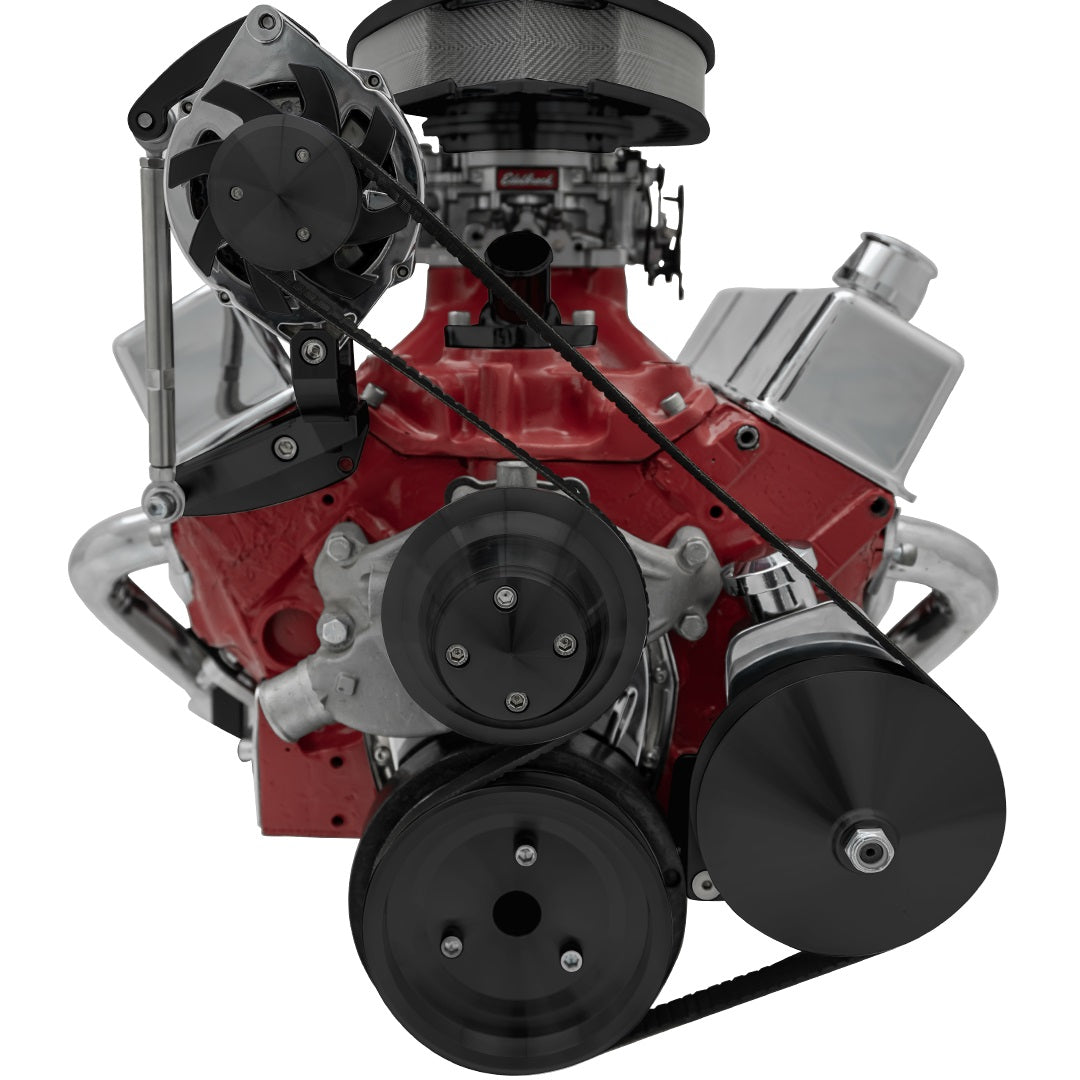 Small Block Chevy Serpentine System - Inward - PS - SWP - Saginaw-Key - Black
