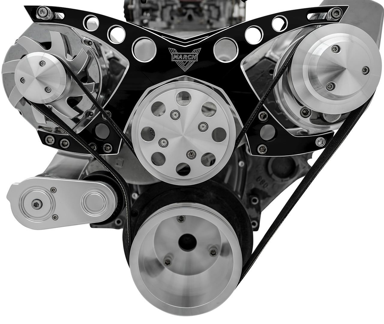 Small Block Chevy Revolver Serpentine System; PS & ALT; Saginaw-Keyway; Blk Onyx
