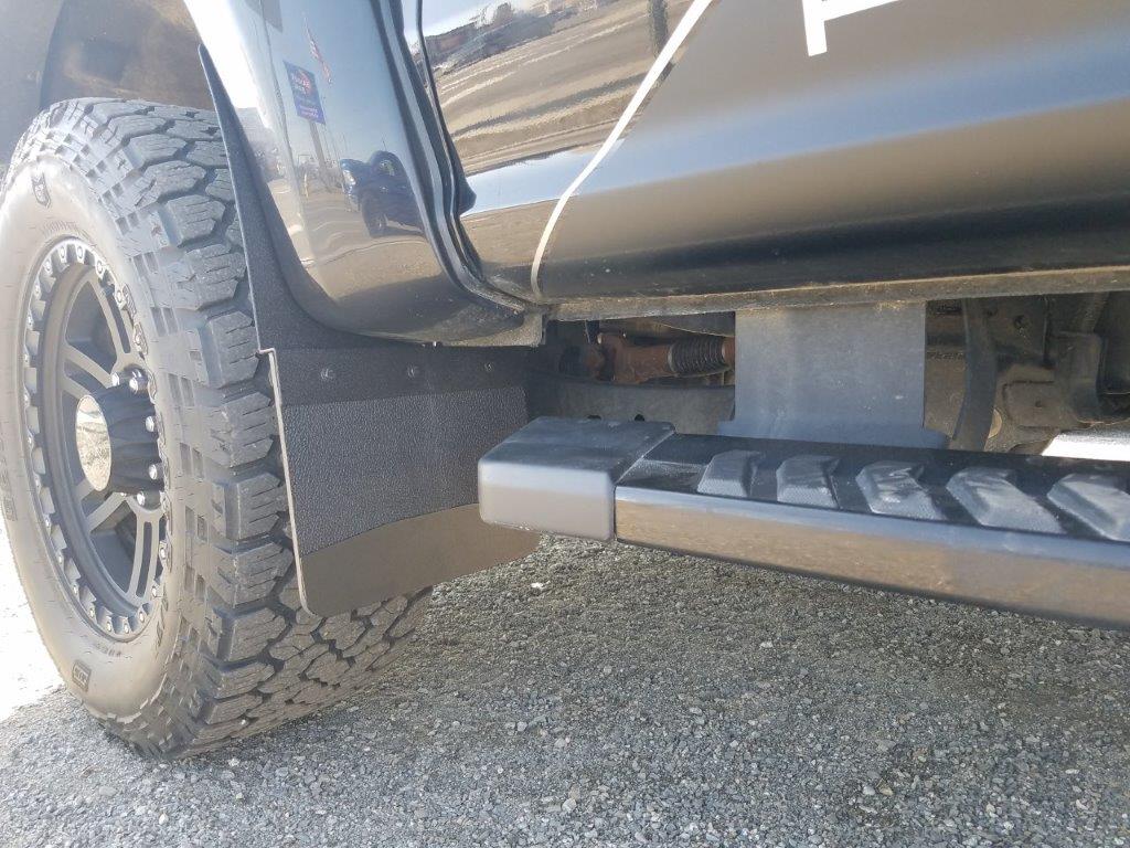 Universal 12" Front/Rear Set Back Mud Flap - 1" Offset - Black Poly-Coated Set-Back - 12"W X 15"H Flap With Black Powder-Coated Stainless Steel Weight