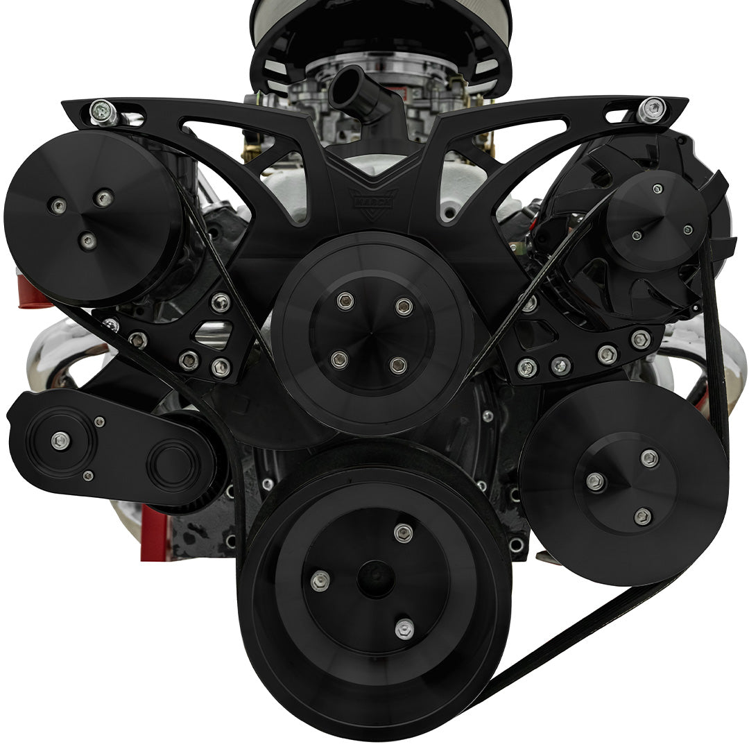 Small Block Chevy Black Style Track Serpentine Kit (AC/PS/ALT); BLACKOUT