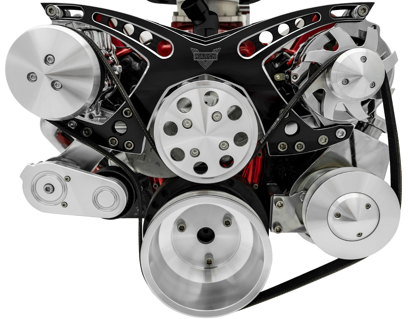 Small Block Chevy Revolver Serpentine System; AC & PS; Saginaw-Key; Black Onyx
