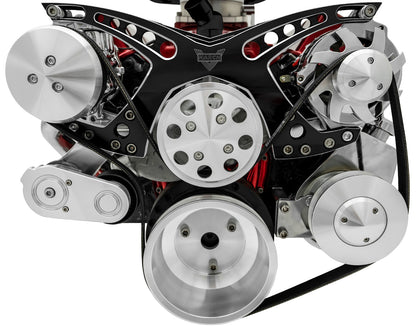 Small Block Chevy Revolver Serpentine System; AC & PS; Saginaw-Key; Black Onyx