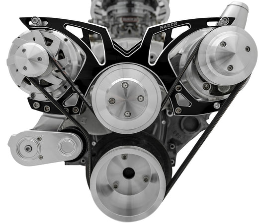 Small Block Chevy Style Track Serpentine System; PS & ALT; Billet; Black Onyx