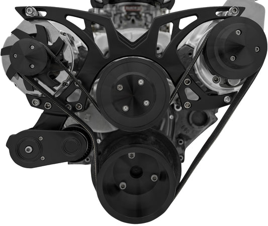 Small Block Chevy Style Track Serpentine System - PS & ALT - Saginaw-Key - Black