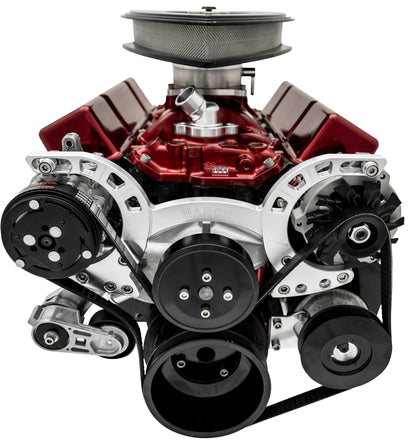 Small Block Chevy Sport Track Custom Serpentine System; AC & PS; Saginaw; Silver