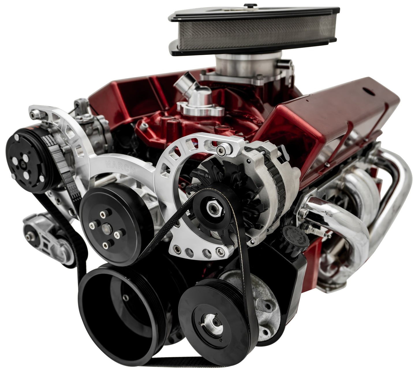Small Block Chevy Sport Track Custom Serpentine System; AC & PS; Saginaw; Silver