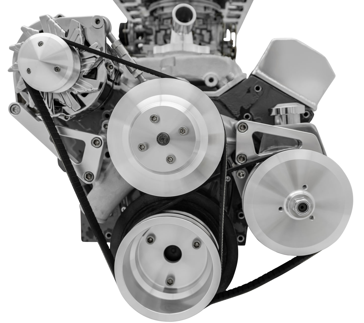 Small Block Chevy Serpentine Conversion - LWP - PS & ALT - Saginaw-Key - Silver