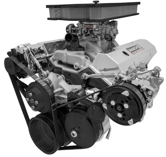 Small Block Chevy Serpentine Conversion Deluxe; AC & PS; Saginaw-Metric; Black