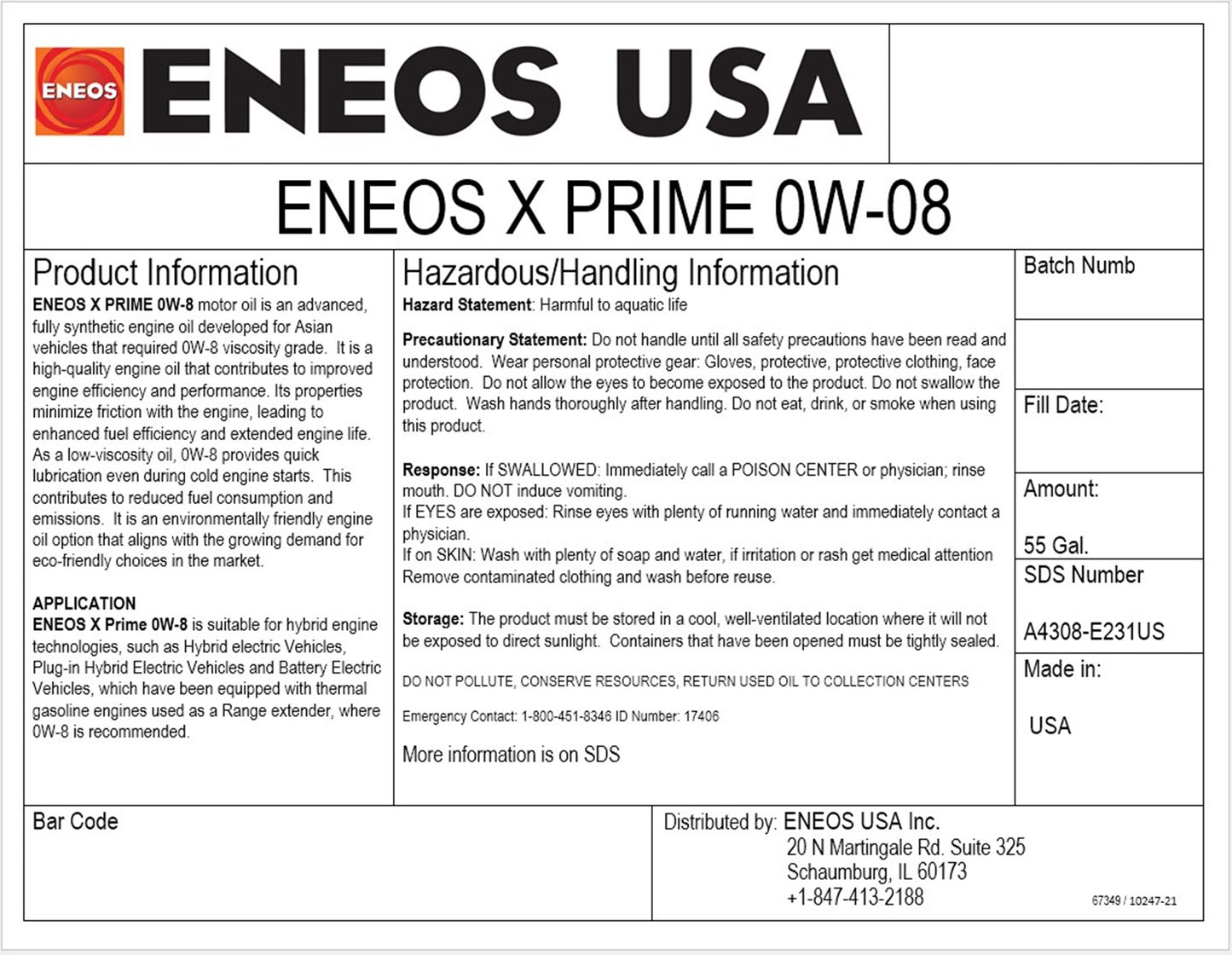 ENEOS FULL SNYTH MOTOROIL 0W-8 55gal Drum