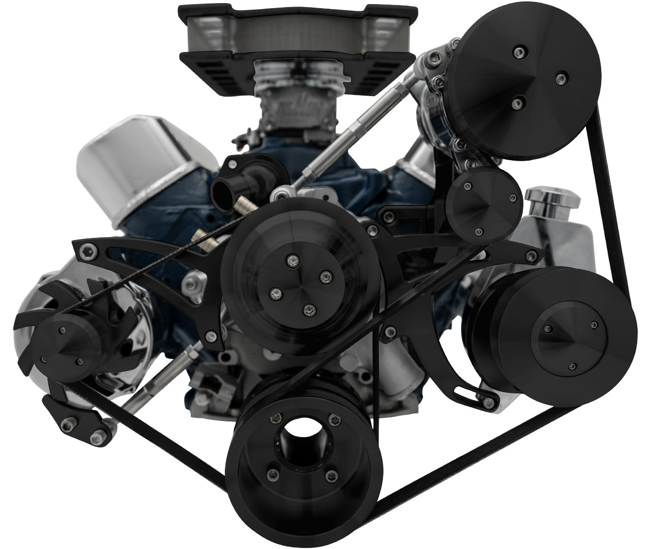 Small Block Ford Serpentine System; 351W; Late; 4 Bolt; AC & PS Saginaw; Black