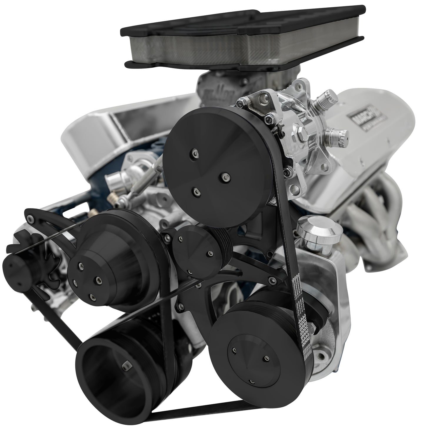 Small Block Ford Serpentine System; 351W; Late; 4 Bolt; AC & PS Saginaw; Black