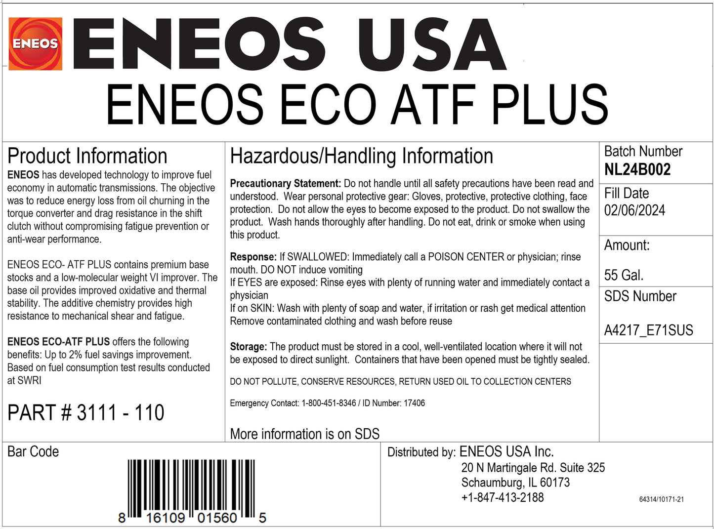 ENEOS ECO-ATF PLUS 55gal