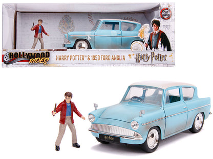 1959 Ford Anglia Light Blue (Weathered) with Harry Potter Diecast Figurine 1/24 Diecast Model Car by Jada  free shipping USA