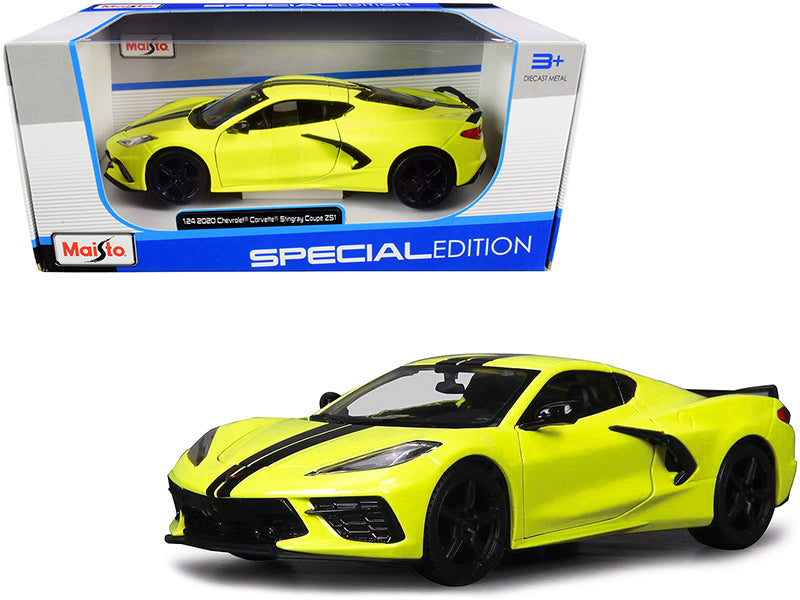 2020 Chevrolet Corvette Stingray Z51 Coupe Yellow with Black Stripes 1/24 Diecast Model Car by Maisto  free shipping USA