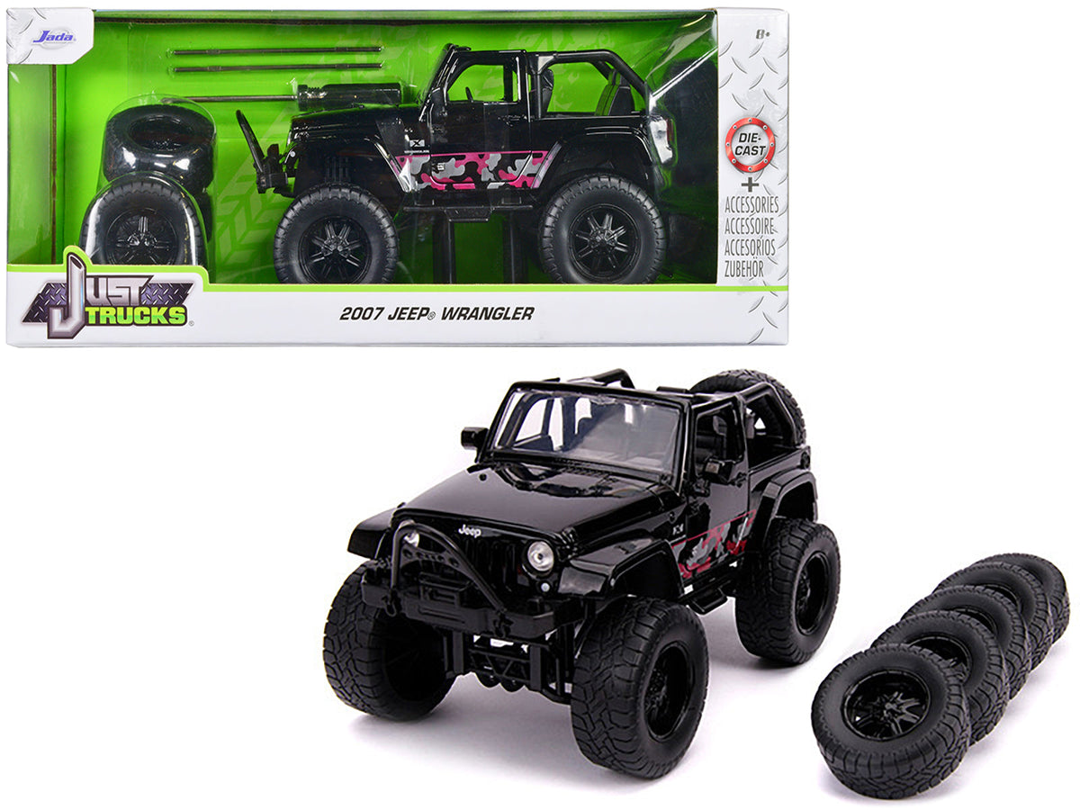 2007 Jeep Wrangler Black with Extra Wheels "Just Trucks" Series 1/24 Diecast Model Car by Jada  free shipping USA