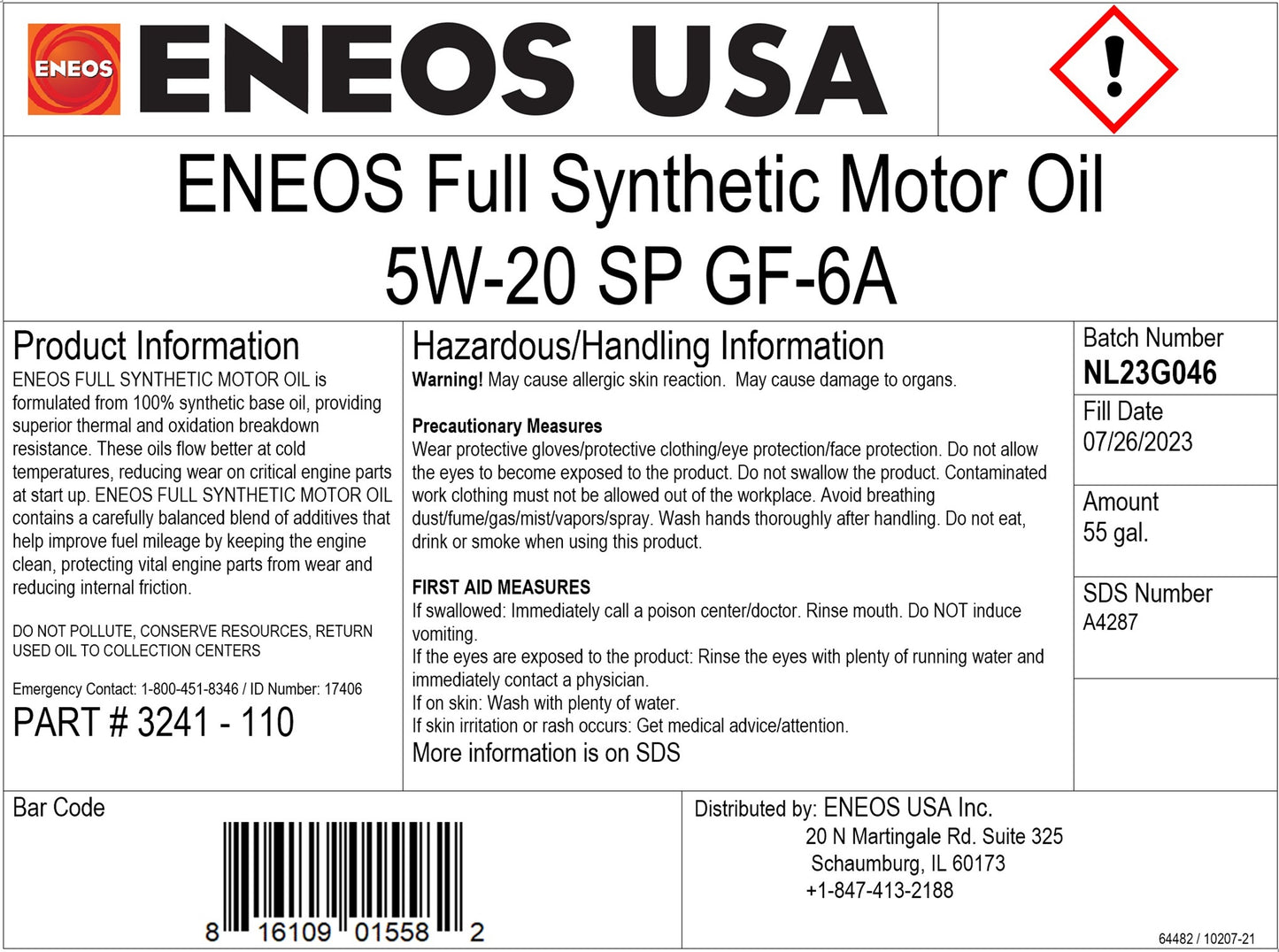ENEOS FULL SNYTH MOTOROIL 5W-20 55gal