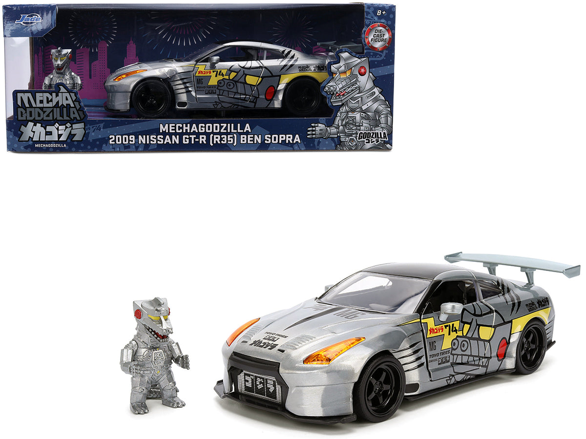 2009 Nissan GT-R (R35) Ben Sopra Brushed Metal with Black Top and Graphics and Mechagodzilla Diecast Figure "Godzilla" Franchise "Anime Hollywood Rides" Series 1/24 Diecast Model by Jada  free shipping USA