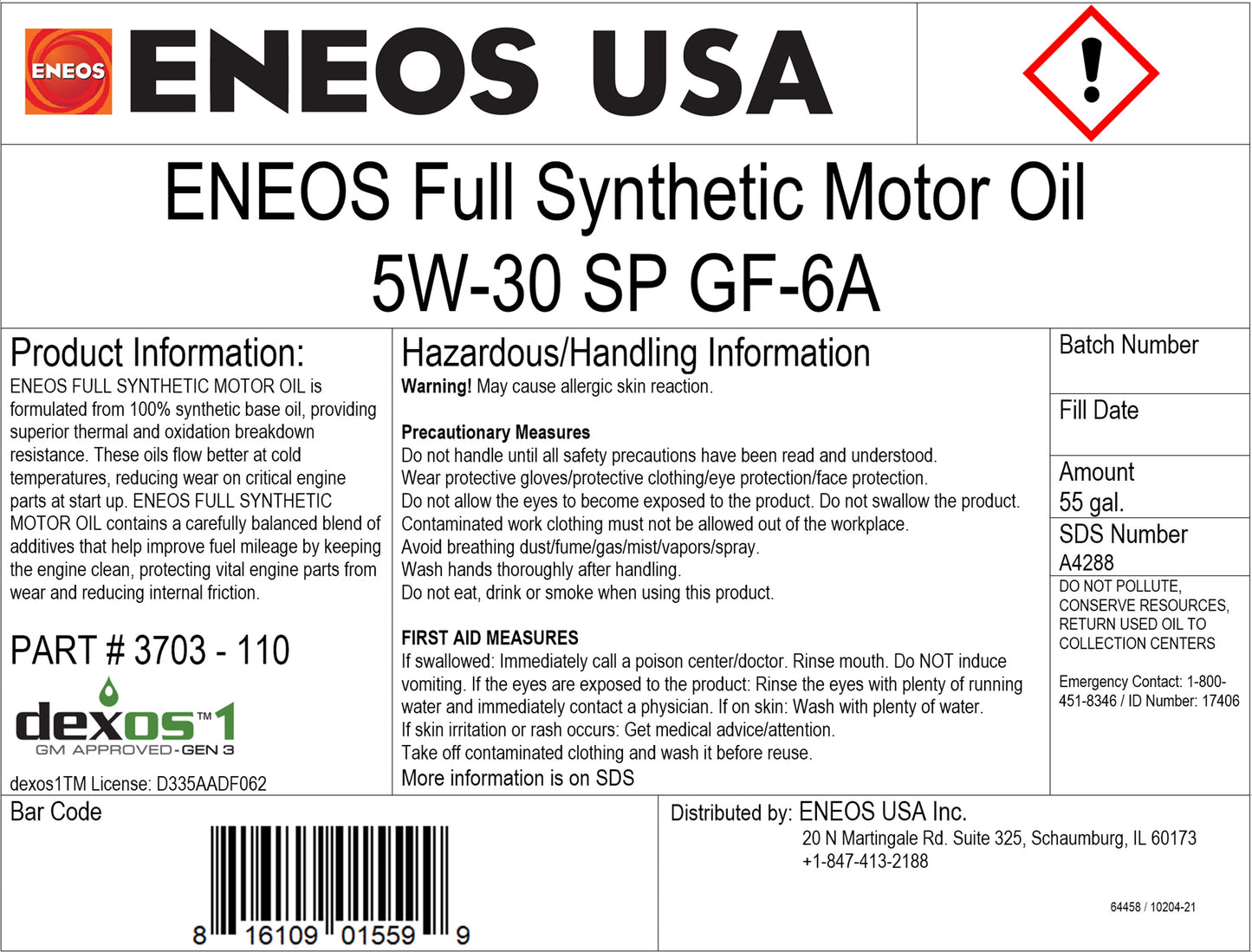 ENEOS FULL SYNTH MOTOROIL 5W-30 55gal