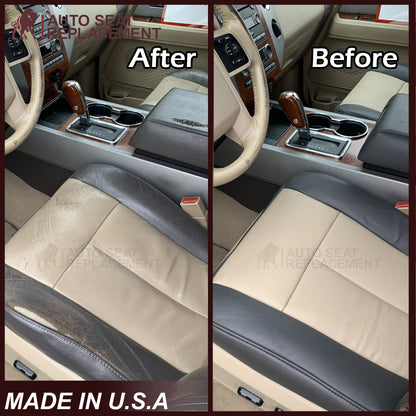 2007 2008 Ford Expedition Eddie Bauer Driver Or Passenger Side Bottom LEATHER Seat Cover In 2 Tone Tan (Tan- Dark Gray)