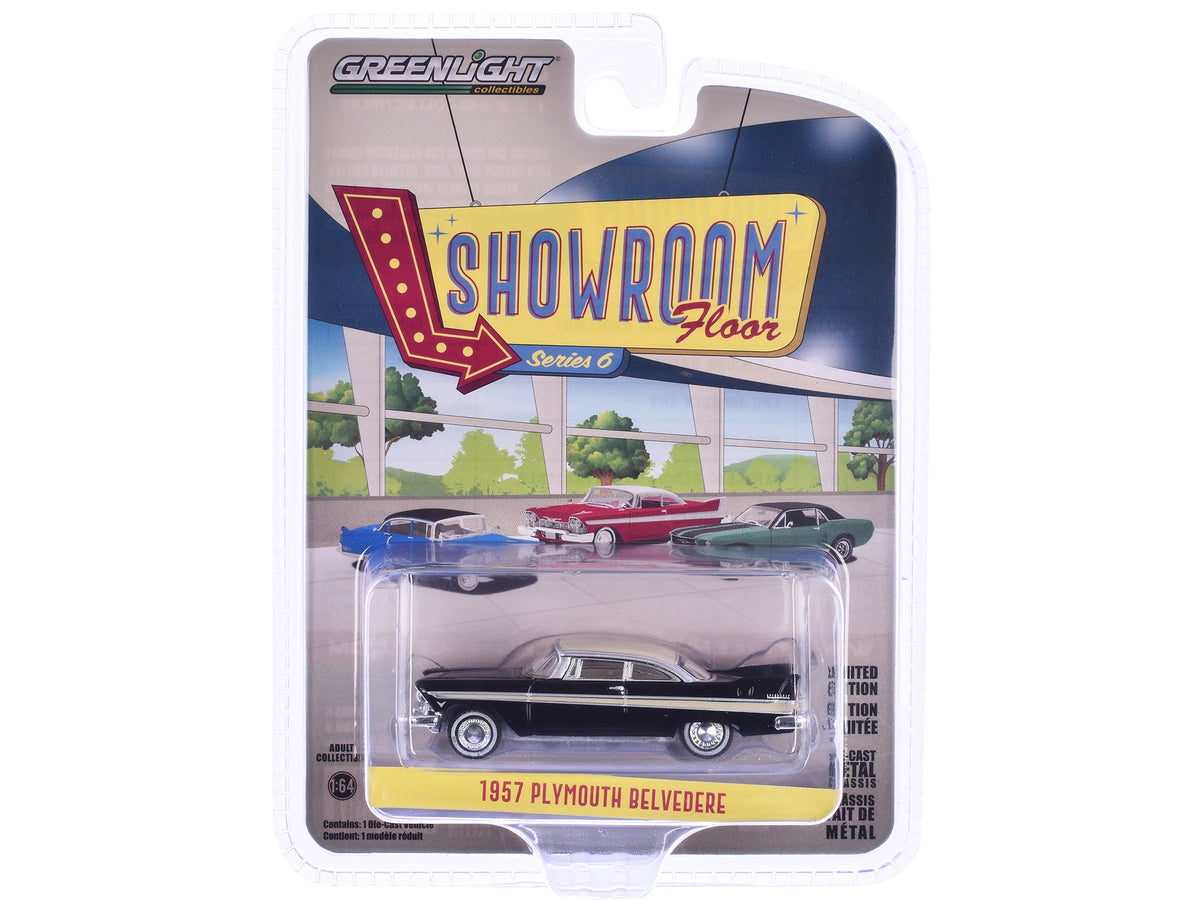 1957 Plymouth Belvedere Jet Black with Sand Dune White Top and Stripes "Showroom Floor" Series 6 1/64 Diecast Model Car by Greenlight  free shipping USA
