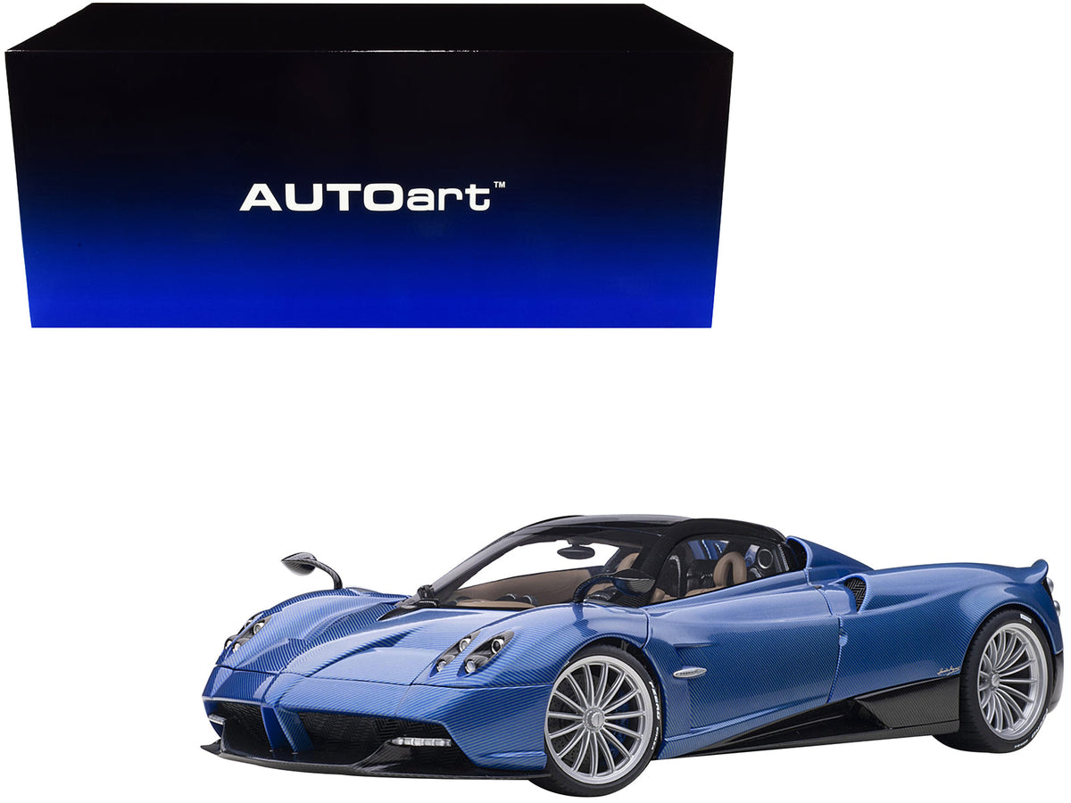 Pagani Huayra Roadster Blue Tricolore Carbon Fiber with Black Top with Luggage Set 1/18 Model Car by Autoart  free shipping USA