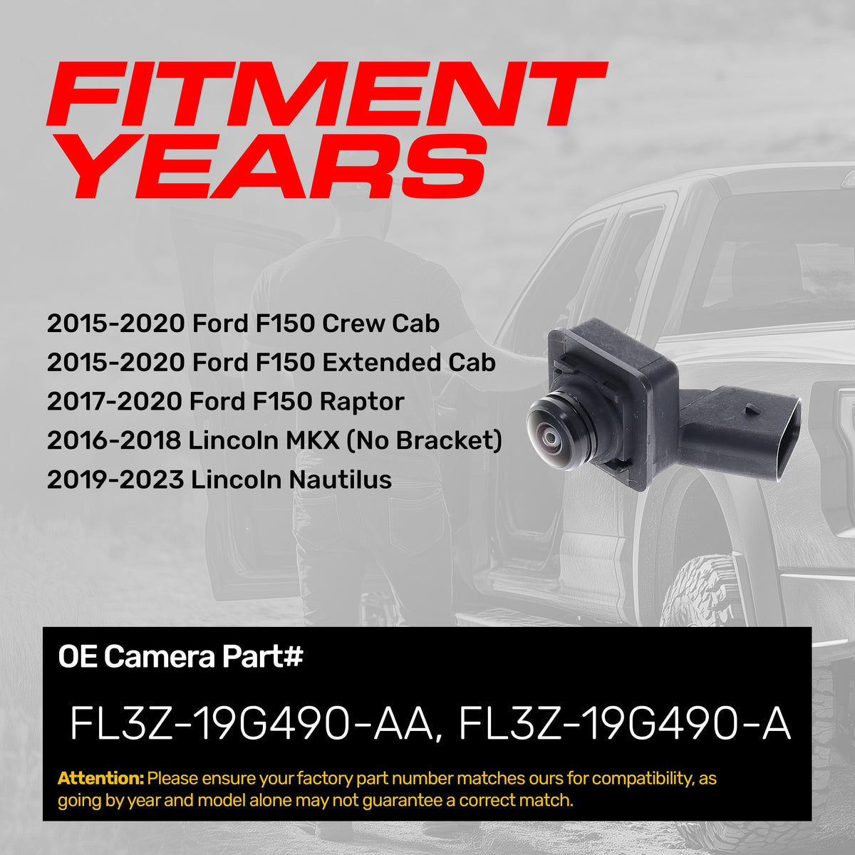 Ford F150 Crew Cab (15-20), F150 Extended Cab (15-20), F150 Raptor (17-20) / Lincoln MKX (16-18), Nautilus (19-23) LEFT Side View OEM Replacement Backup Camera OE Part # FL3Z-19G490-AA, FL3Z-19G490-A