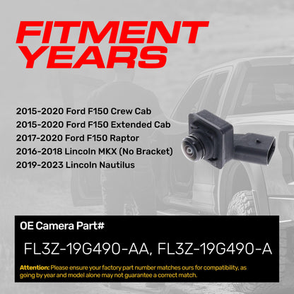 Ford F150 Crew Cab (15-20), F150 Extended Cab (15-20), F150 Raptor (17-20) / Lincoln MKX (16-18), Nautilus (19-23) LEFT Side View OEM Replacement Backup Camera OE Part # FL3Z-19G490-AA, FL3Z-19G490-A