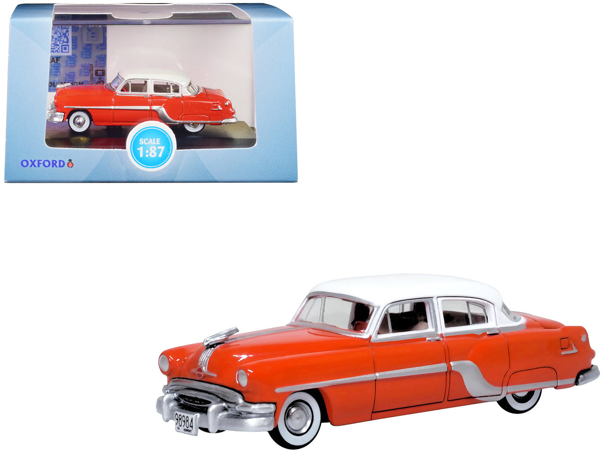 1954 Pontiac Chieftain 4 Door Coral Red with Winter White Top 1/87 (HO) Scale Diecast Model Car by Oxford Diecast  free shipping USA