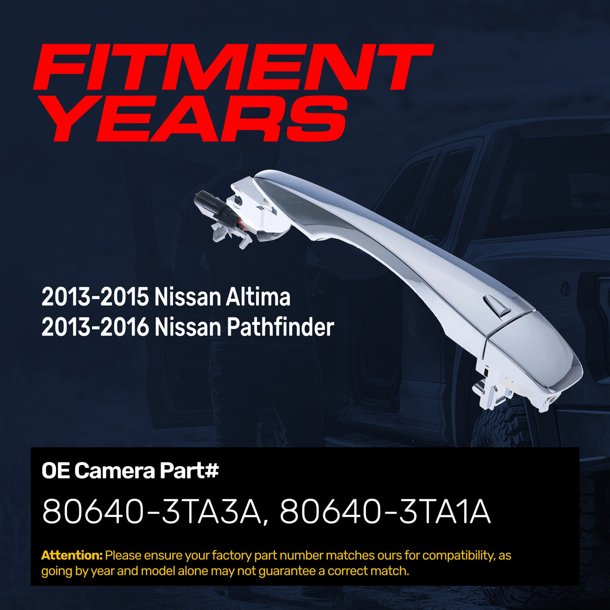 Exterior Door Handle Chrome Replacement for Nissan Altima (13-15), Pathfinder (13-16) OE Part # 80640-3TA3A, 80640-3TA1A | Front Right Passenger Side w/o Keyhole
