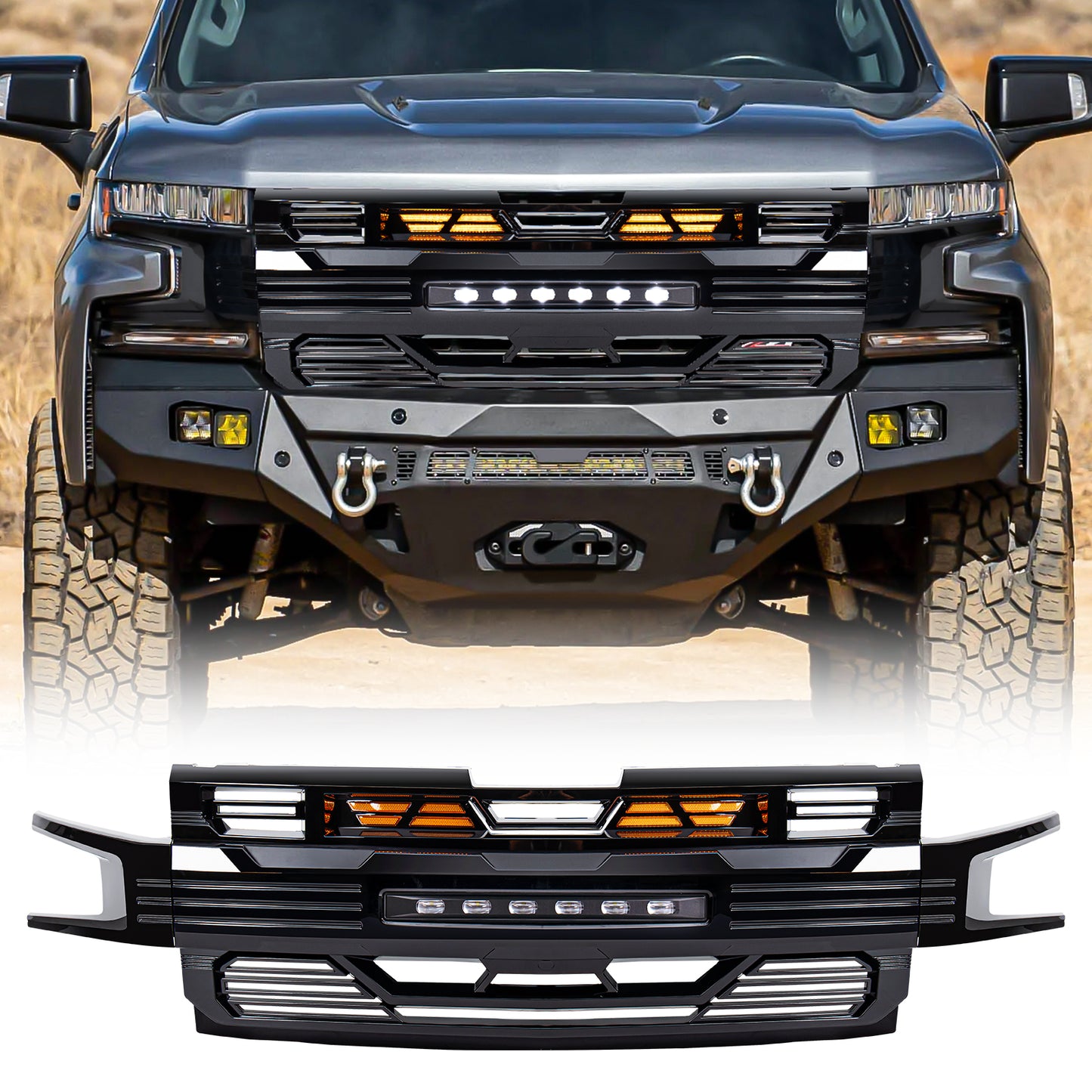 American Modified Armor Grille With Off-Road Lights - Glossy Black - AMCHCA00125