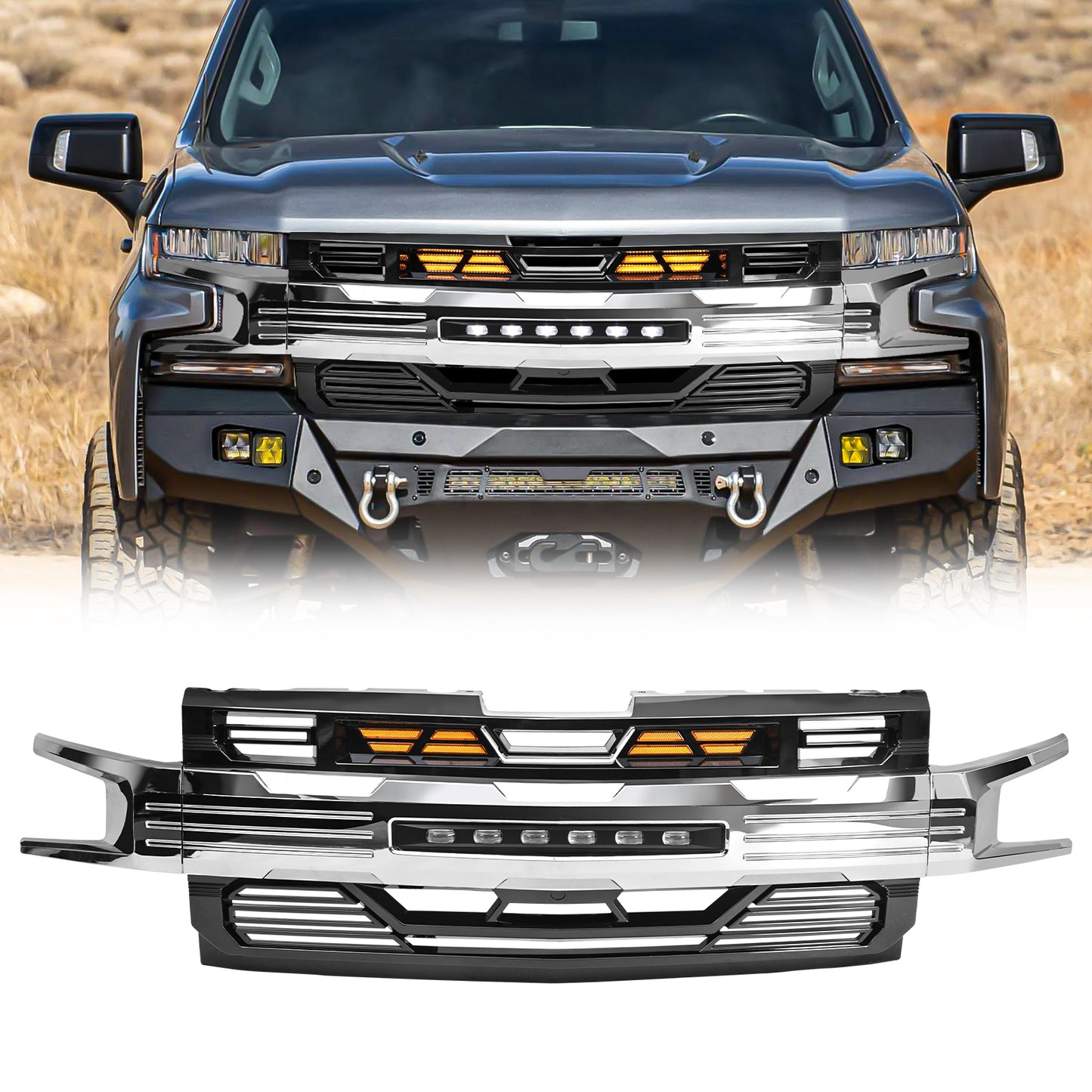 American Modified Armor Grille With Off-Road Lights - Glossy Black And Chrome - AMCHCA00126
