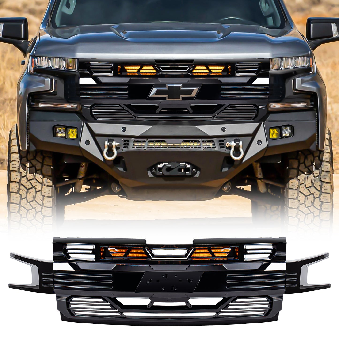 American Modified Armor Front Grille With Amber Lights - Glossy Black - AMCHCA00128