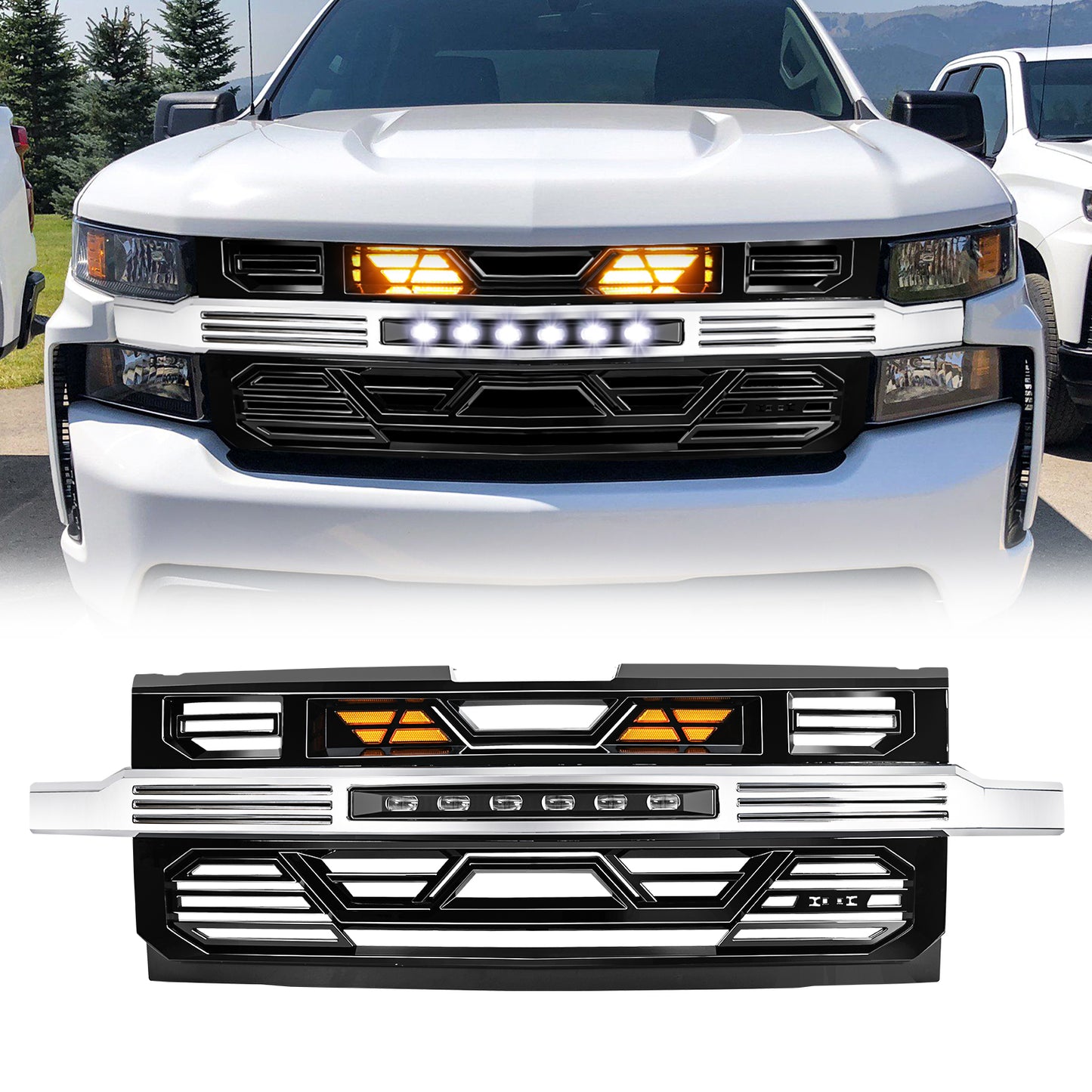 American Modified Armor Grille With Off-Road Lights - Chrome And Glossy Black - AMCHCA00132