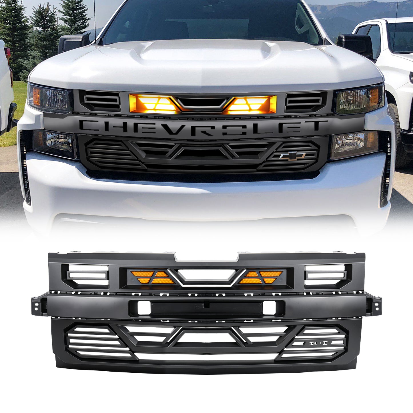 American Modified Armor Front Grille W/ Amber Lights And Emblem Base Matte Black - AMCHCA00133