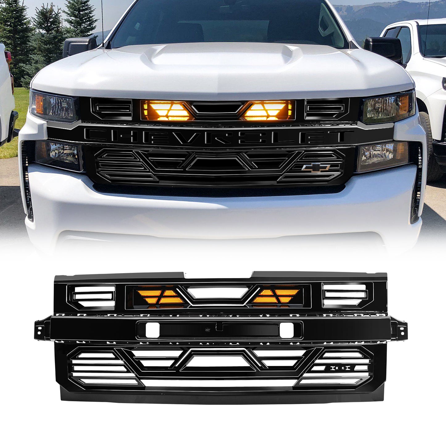 American Modified Armor Front Grille W/ Amber Lights And Emblem Base Glossy Black - AMCHCA00134