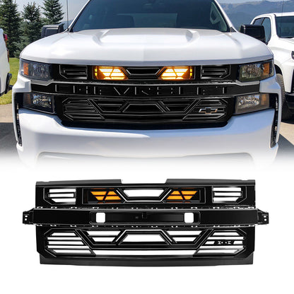 American Modified Armor Front Grille W/ Amber Lights And Emblem Base Glossy Black - AMCHCA00134