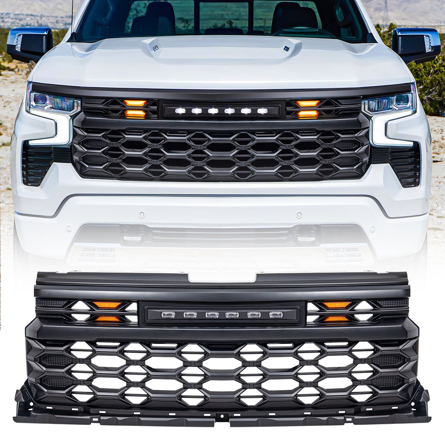 American Modified Armor Grille W/ LED Off-Road Amber Lights & Front Camera Bracket - Matte Black - AMCHCA00140