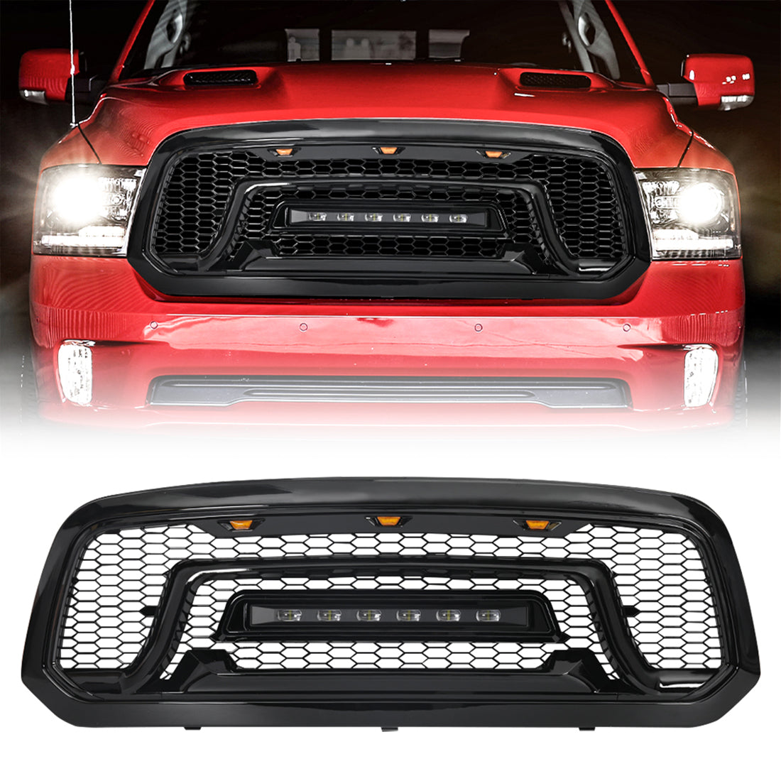 American Modified Rebel Style Front Grille W/ Amber And Off-Road Lights Glossy Black - AMDEBA00141