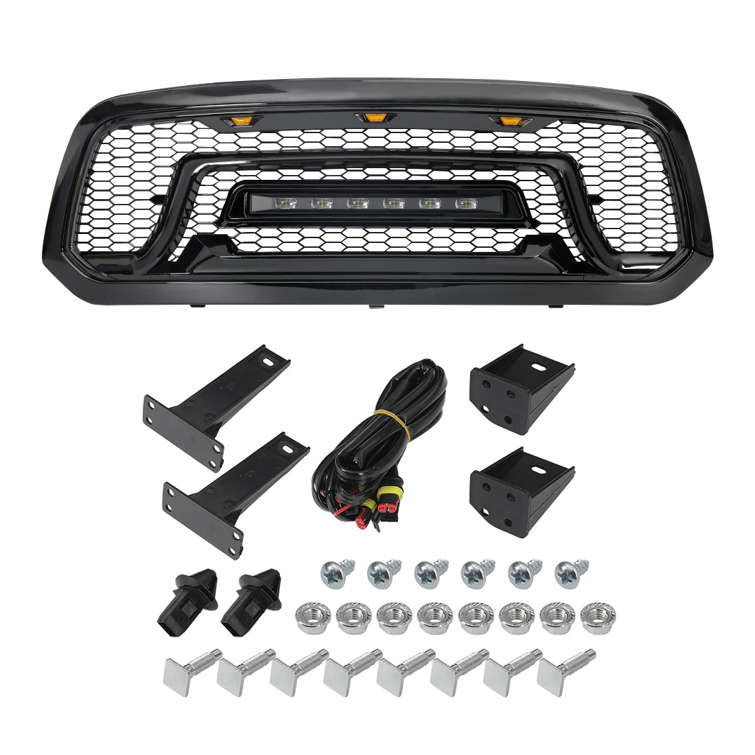 American Modified Rebel Style Front Grille W/ Amber And Off-Road Lights Glossy Black - AMDEBA00141